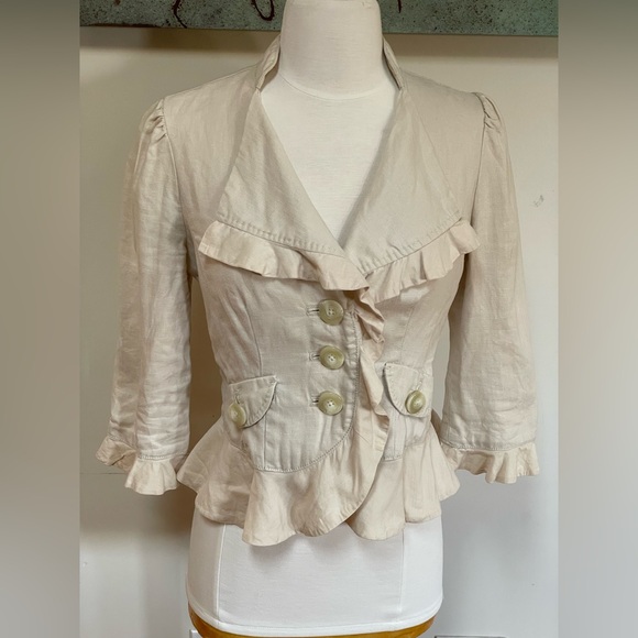 Anthropologie Jackets & Blazers - Anthropologie Linen Peplum Ruffled Jacket Cream